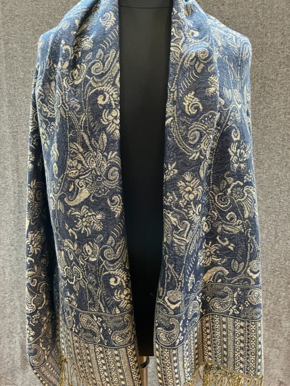 27x70 navy blue silver gold metallic floral paisley shoulder wrap drape scarf
